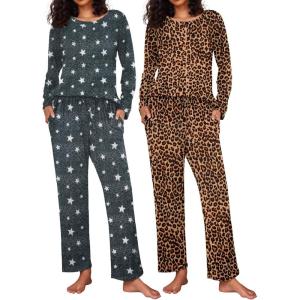 Ekouaer 2 Pack Womens Pajama Sets Long Sleeve Pjs Lounge Set Soft Comfy Sleepwear Winter Loungewear(Leopard/Dark Gray Star)