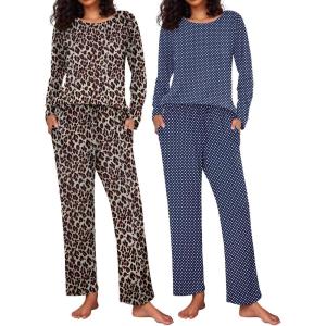 Ekouaer 2 Pack Womens Pajama Sets Long Sleeve Pjs Lounge Set Soft Comfy Sleepwear Winter Loungewear(Leopard/Navy Dots)