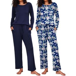 Ekouaer 2 Pack Womens Pajama Sets Long Sleeve Pjs Lounge Set Soft Comfy Sleepwear Winter Loungewear(Navy/Navy Flower)