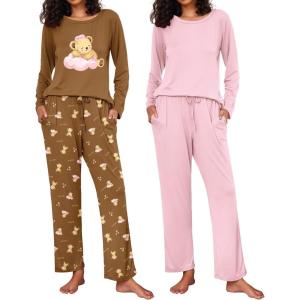 Ekouaer 2 Pack Womens Pajama Sets Long Sleeve Pjs Lounge Set Soft Comfy Sleepwear Winter Loungewear(Pink/Brown Teddy)