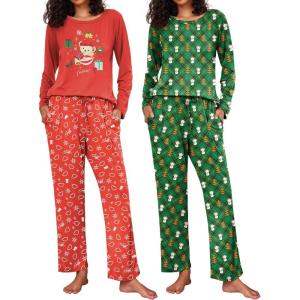Ekouaer 2 Pack Womens Pajama Sets Long Sleeve Pjs Lounge Set Soft Comfy Sleepwear Winter Loungewear(Red Teddy/Green Teddy)