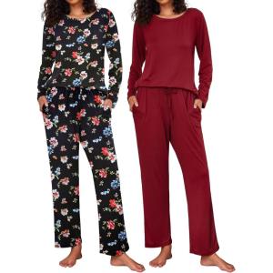 Ekouaer 2 Pack Womens Pajama Sets Long Sleeve Pjs Lounge Set Soft Comfy Sleepwear Winter Loungewear(Wine Red/Black Flower)