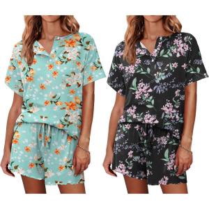 Ekouaer 2 Pack Womens Pajama Sets Short Sleeve Top with Shorts Soft Comfy Loungewear Sleepwear S-XXL(Blue Flowers/Black Flowers)