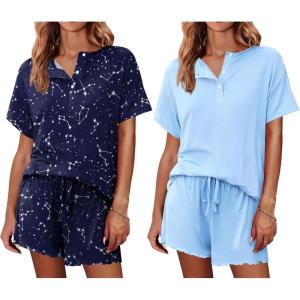Ekouaer 2 Pack Womens Pajama Sets Short Sleeve Top with Shorts Soft Comfy Loungewear Sleepwear S-XXL(Blue Sky/Light Blue)