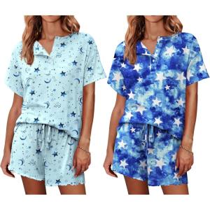 Ekouaer 2 Pack Womens Pajama Sets Short Sleeve Top with Shorts Soft Comfy Loungewear Sleepwear S-XXL(Blue Star/Tie Dye Star)