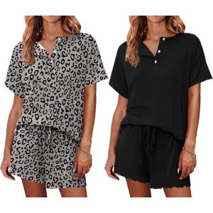Ekouaer 2 Pack Womens Pajama Sets Short Sleeve Top with Shorts Soft Comfy Loungewear Sleepwear S-XXL(Gray Leopard/Black)