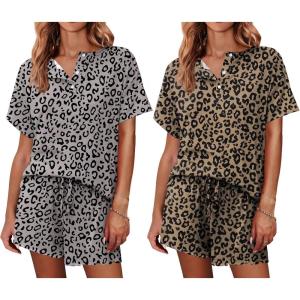 Ekouaer 2 Pack Womens Pajama Sets Short Sleeve Top with Shorts Soft Comfy Loungewear Sleepwear S-XXL(Gray Leopard/Brown Leopard)