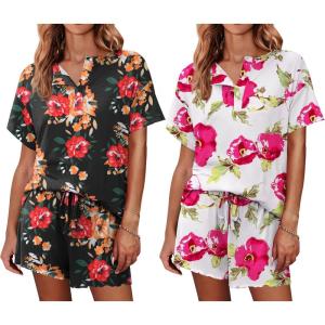 Ekouaer 2 Pack Womens Pajama Sets Short Sleeve Top with Shorts Soft Comfy Loungewear Sleepwear S-XXL(Red Flowers/Pink Flowers)