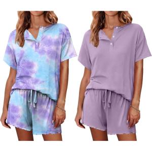 Ekouaer 2 Pack Womens Pajama Sets Short Sleeve Top with Shorts Soft Comfy Loungewear Sleepwear S-XXL(Tie Dye Blue Purple/Light Purple)
