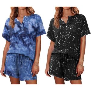 Ekouaer 2 Pack Womens Pajama Sets Short Sleeve Top with Shorts Soft Comfy Loungewear Sleepwear S-XXL(Tie Dye Blue/Black Sky)