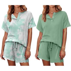 Ekouaer 2 Pack Womens Pajama Sets Short Sleeve Top with Shorts Soft Comfy Loungewear Sleepwear S-XXL(Tie Dye Light Green/Green)