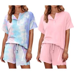 Ekouaer 2 Pack Womens Pajama Sets Short Sleeve Top with Shorts Soft Comfy Loungewear Sleepwear S-XXL(Tie Dye Pink Blue/Pink)