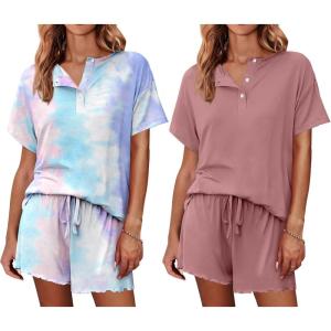 Ekouaer 2 Pack Womens Pajama Sets Short Sleeve Top with Shorts Soft Comfy Loungewear Sleepwear S-XXL(Tie Dye Pink Blue/Purple Red)
