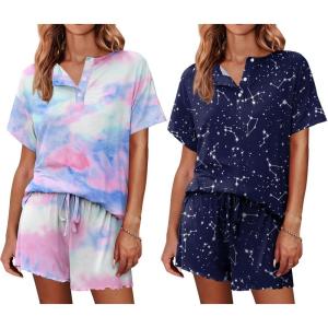 Ekouaer 2 Pack Womens Pajama Sets Short Sleeve Top with Shorts Soft Comfy Loungewear Sleepwear S-XXL(Tie Dye Rainbow/Blue Sky)