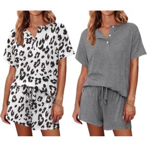 Ekouaer 2 Pack Womens Pajama Sets Short Sleeve Top with Shorts Soft Comfy Loungewear Sleepwear S-XXL(White Leopard/Gray)