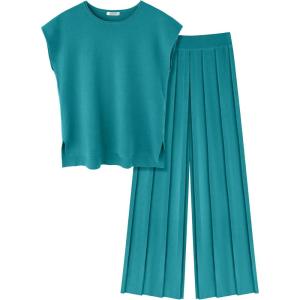 Ekouaer Lounge Sets for Women Two Piece Outfits Knit Cap Sleeve Tops Wide Leg Pleated Pants Casual Dressy Sweater Sets(Blue)