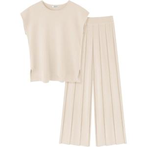 Ekouaer Lounge Sets for Women Two Piece Outfits Knit Cap Sleeve Tops Wide Leg Pleated Pants Casual Dressy Sweater Sets(Cream)
