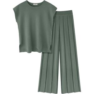 Ekouaer Lounge Sets for Women Two Piece Outfits Knit Cap Sleeve Tops Wide Leg Pleated Pants Casual Dressy Sweater Sets(Gray Green)