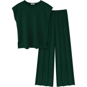 Ekouaer Lounge Sets for Women Two Piece Outfits Knit Cap Sleeve Tops Wide Leg Pleated Pants Casual Dressy Sweater Sets(Green)