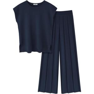 Ekouaer Lounge Sets for Women Two Piece Outfits Knit Cap Sleeve Tops Wide Leg Pleated Pants Casual Dressy Sweater Sets(Navy Blue)