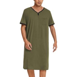 Ekouaer Men’s Nightshirt Nightwear Comfy Big&Tall Short Sleeve Henley Sleep Shirt(Army Green)