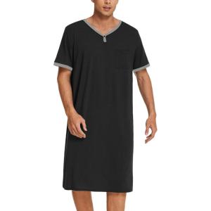 Ekouaer Men’s Nightshirt Nightwear Comfy Big&Tall Short Sleeve Henley Sleep Shirt(Black)