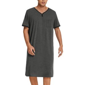 Ekouaer Men’s Nightshirt Nightwear Comfy Big&Tall Short Sleeve Henley Sleep Shirt(Dark Grey)