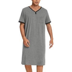 Ekouaer Men’s Nightshirt Nightwear Comfy Big&Tall Short Sleeve Henley Sleep Shirt(Grey)