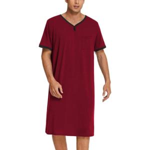 Ekouaer Men’s Nightshirt Nightwear Comfy Big&Tall Short Sleeve Henley Sleep Shirt(Wine Red)