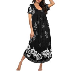 Ekouaer Moo Moos for Women House Dress Long Nightgown Flora Print Mumus Dress S-4XL(Black White Flower)