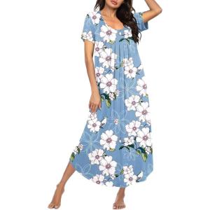 Ekouaer Moo Moos for Women House Dress Long Nightgown Flora Print Mumus Dress S-4XL(Blue White Flowers)