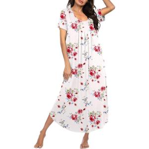 Ekouaer Moo Moos for Women House Dress Long Nightgown Flora Print Mumus Dress S-4XL(White Red Flowers)