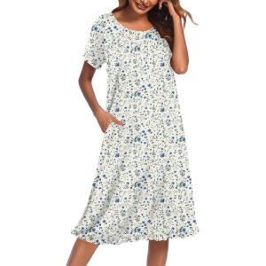 Ekouaer Nightgowns for Women with Pockets Button Front Short Sleeve House Dresses Floral Print Mumu Dress(Apricot Blue Floral)