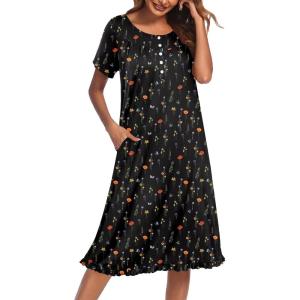 Ekouaer Nightgowns for Women with Pockets Button Front Short Sleeve House Dresses Floral Print Mumu Dress(Black Butterfly Floral)