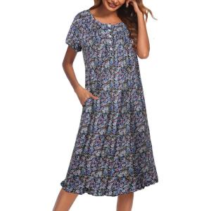 Ekouaer Nightgowns for Women with Pockets Button Front Short Sleeve House Dresses Floral Print Mumu Dress(Black Flower)