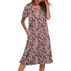 Ekouaer Nightgowns for Women with Pockets Button Front Short Sleeve House Dresses Floral Print Mumu Dress(Black Red Floral)