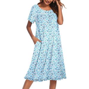 Ekouaer Nightgowns for Women with Pockets Button Front Short Sleeve House Dresses Floral Print Mumu Dress(Blue Flower)