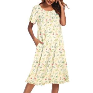 Ekouaer Nightgowns for Women with Pockets Button Front Short Sleeve House Dresses Floral Print Mumu Dress(Green Leaf)