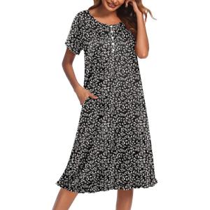 Ekouaer Nightgowns for Women with Pockets Button Front Short Sleeve House Dresses Floral Print Mumu Dress(Khaki Leaf)