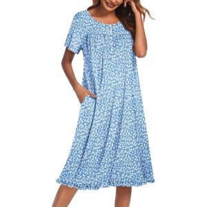 Ekouaer Nightgowns for Women with Pockets Button Front Short Sleeve House Dresses Floral Print Mumu Dress(Light Blue)