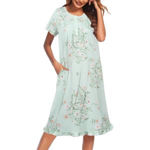 Ekouaer Nightgowns for Women with Pockets Button Front Short Sleeve House Dresses Floral Print Mumu Dress(Light Green Daisy)