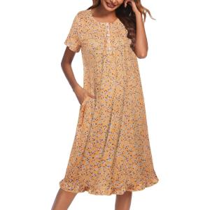 Ekouaer Nightgowns for Women with Pockets Button Front Short Sleeve House Dresses Floral Print Mumu Dress(Orange Flower)