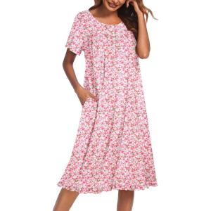 Ekouaer Nightgowns for Women with Pockets Button Front Short Sleeve House Dresses Floral Print Mumu Dress(Pink Flower)