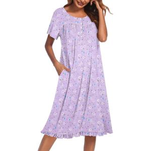 Ekouaer Nightgowns for Women with Pockets Button Front Short Sleeve House Dresses Floral Print Mumu Dress(Purple)