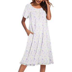 Ekouaer Nightgowns for Women with Pockets Button Front Short Sleeve House Dresses Floral Print Mumu Dress(Purple Flower)
