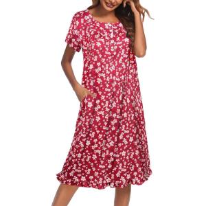 Ekouaer Nightgowns for Women with Pockets Button Front Short Sleeve House Dresses Floral Print Mumu Dress(Red Flower)