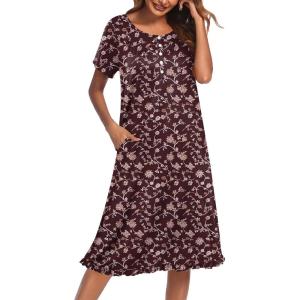 Ekouaer Nightgowns for Women with Pockets Button Front Short Sleeve House Dresses Floral Print Mumu Dress(Wine Red Floral)