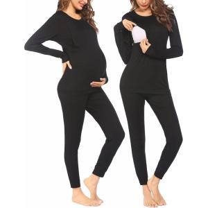 Ekouaer Nursing Pajama Set Long Sleeve Maternity Clothes Labor Pregnancy Pjs Breastfeeding Thermal Underwear Sleepwear(Black)