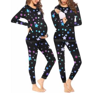 Ekouaer Nursing Pajama Set Long Sleeve Maternity Clothes Labor Pregnancy Pjs Breastfeeding Thermal Underwear Sleepwear(Black Colorful Star)