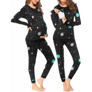 Ekouaer Nursing Pajama Set Long Sleeve Maternity Clothes Labor Pregnancy Pjs Breastfeeding Thermal Underwear Sleepwear(Black Moon Star)